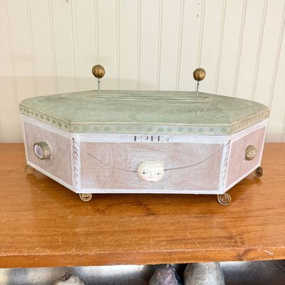 Artisanal Hand-Painted Wooden Keepsake Box with Sculpted Faces