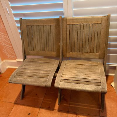 Vintage Two-Seat Folding Slatted Wood Bench, Theater, Waiting Room Style Seating