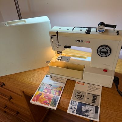 Vintage Pfaff 1209 Compact Sewing Machine with Hard Case and Instruction Manuals Tested