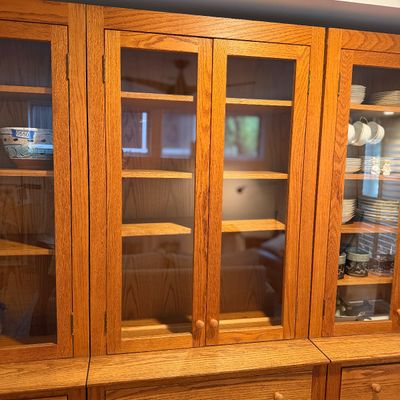 2 of 3 Oak Wood Hutch Cabinet w Glass-Front Display Storage Cupboard