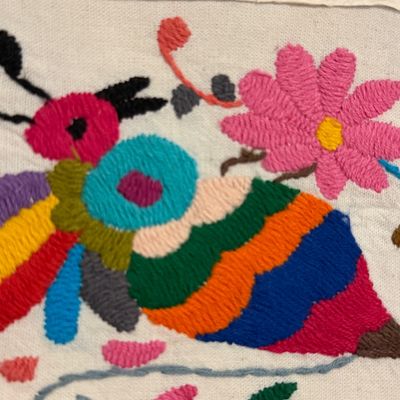 Framed Handmade Textile Art by Jean Moran & Colorful Embroidered Bird Artwork