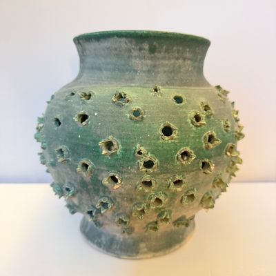 Green Glazed Textured Ceramic Pottery Vase with Pierced Organic Design, 9” Tall
