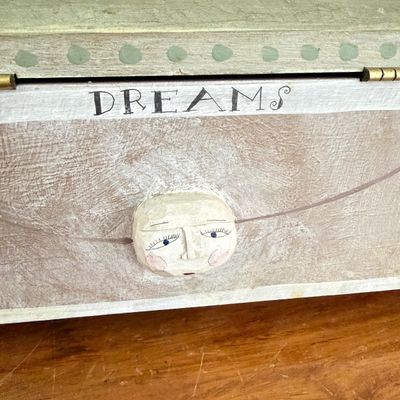 Artisanal Hand-Painted Wooden Keepsake Box with Sculpted Faces