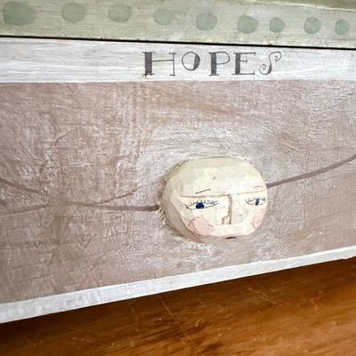 Artisanal Hand-Painted Wooden Keepsake Box with Sculpted Faces