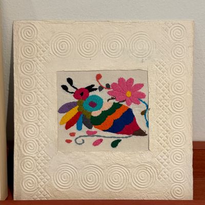 Framed Handmade Textile Art by Jean Moran & Colorful Embroidered Bird Artwork