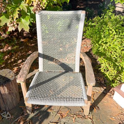2 Rustic Coastal-Style Woven Outdoor Lounge Chairs w Tree Stump “Table”