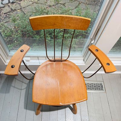 Vintage Mid-Century Modern Wooden Armchair with Sculptural Metal Frame & Curved Wood Arms