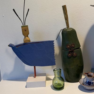 Large Mixed Lot of Folk Art & Whimsical Decor, Signed, Pottery, Carved Wood and Art Objects