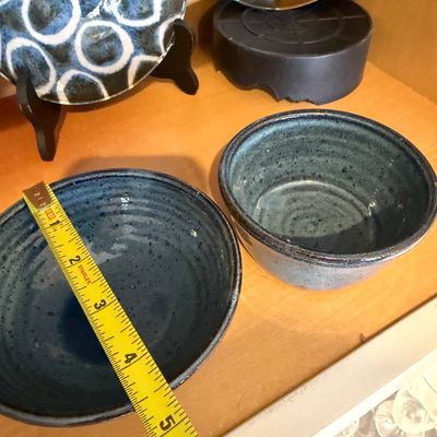 Studio Pottery Collection of Blue Glazed Bowls, Plates, and Pitcher, Signed Handmade Ceramics