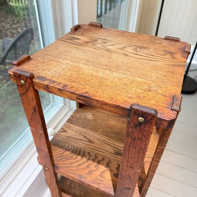 Rustic Solid Wood Three-Tier End Table / Plant Stand w Pegged Joinery &Brass Hardware