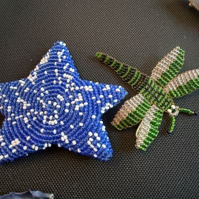 Jewelry Lot Handcrafted Folk Art Brooches and Beaded Bracelet