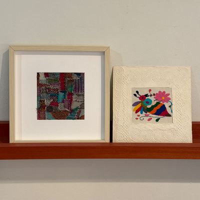 Framed Handmade Textile Art by Jean Moran & Colorful Embroidered Bird Artwork
