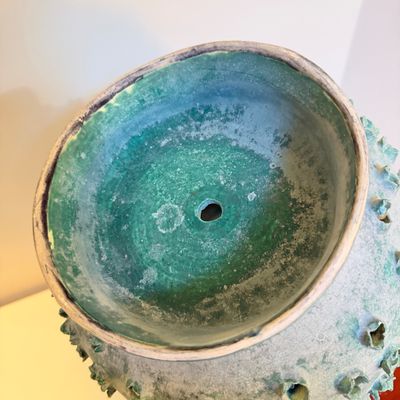 Green Glazed Textured Ceramic Pottery Vase with Pierced Organic Design, 9” Tall