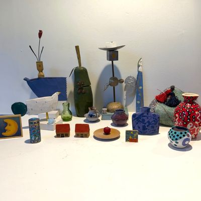 Large Mixed Lot of Folk Art & Whimsical Decor, Signed, Pottery, Carved Wood and Art Objects