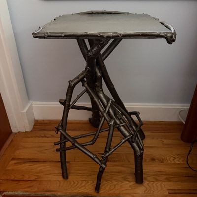 Sculptural Metal Accent Table with Branch-Inspired Base and Textured Square Top