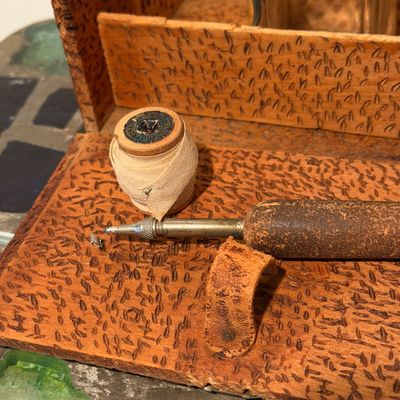 Antique Pyrographic Outfit in Carved Wood Case w Platinum-Point Tool & Glass Bottle