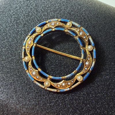 Krementz Antique Edwardian 14K Gold, Blue Enamel, Seed Pearl Brooch