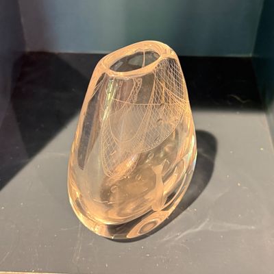 Kosta Boda Signed Art Glass Vase w White Threaded Net Design, Sweden
