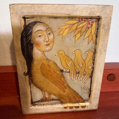 Folk Art Collection –Julia Stankova “A Bird Bizarre” Painted Wood Reliefs, Bird-Decorated Wooden Box, Two Wood Bird Sculptures & Clay...