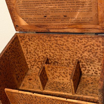 Antique Pyrographic Outfit in Carved Wood Case w Platinum-Point Tool & Glass Bottle