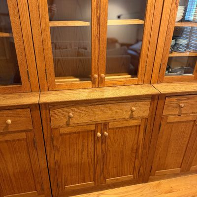 2 of 3 Oak Wood Hutch Cabinet w Glass-Front Display Storage Cupboard