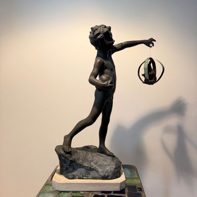 Classical Bronze-Finish Boy Sculpture on Stone Base