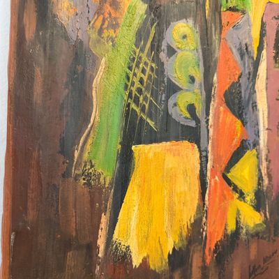 Signed African Figurative Oil Painting, Two Stylized Figures, Earth-Tone Geometric Composition