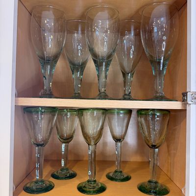Lot of 10 Vintage Art Glass Sculptural Goblets w Green & Aqua Tones