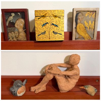 Folk Art Collection –Julia Stankova “A Bird Bizarre” Painted Wood Reliefs, Bird-Decorated Wooden Box, Two Wood Bird Sculptures & Clay...