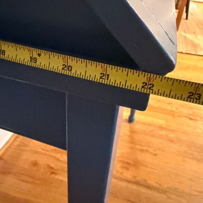 Vintage Blue Painted Secretary Desk / Drop-Front Writing Desk with Upper Cabinet, Shelves & Tapered Legs