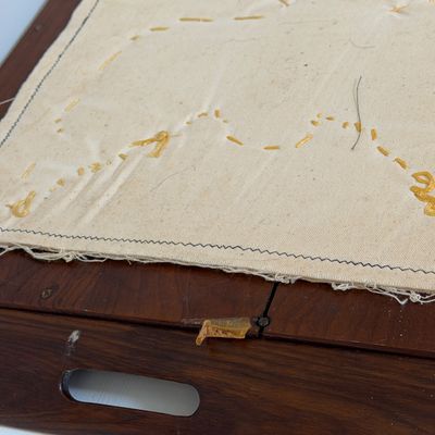 Vintage Wooden Butterfly Tray w Iridescent Butterfly Wing Inlay, Marquetry Border