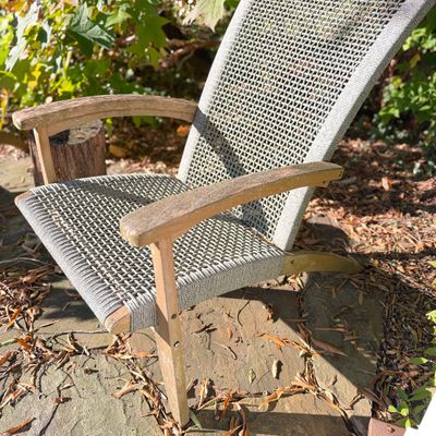 2 Rustic Coastal-Style Woven Outdoor Lounge Chairs w Tree Stump “Table”