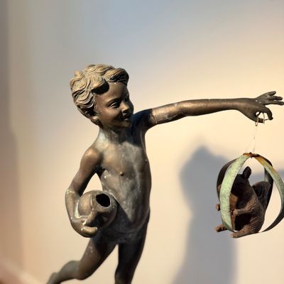 Classical Bronze-Finish Boy Sculpture on Stone Base