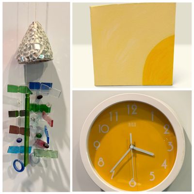 Whimsical Home Décor Lot – Art Glass Wind Chimes, Abstract Canvas & Yellow Hito Clock