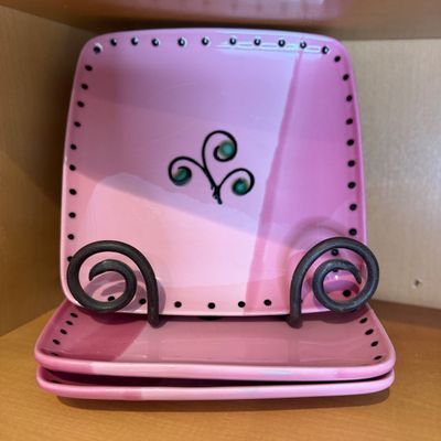 7 Pc. Lot - S. L. Martina Italy Pink Ceramic Plates + Colorful Polka Dot Handle Mugs