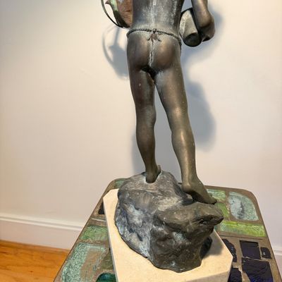 Classical Bronze-Finish Boy Sculpture on Stone Base