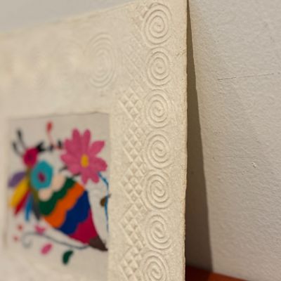 Framed Handmade Textile Art by Jean Moran & Colorful Embroidered Bird Artwork