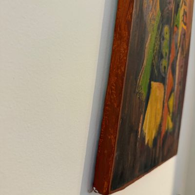 Signed African Figurative Oil Painting, Two Stylized Figures, Earth-Tone Geometric Composition