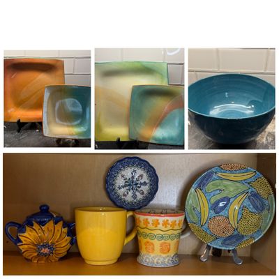 Collection of Colorful Decorative Ceramic Pottery, Serving Plates, Bowls, Teapot, and Mugs