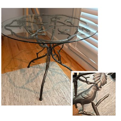 Nature-Inspired Branch & Bird Metal Base Glass-Top Table