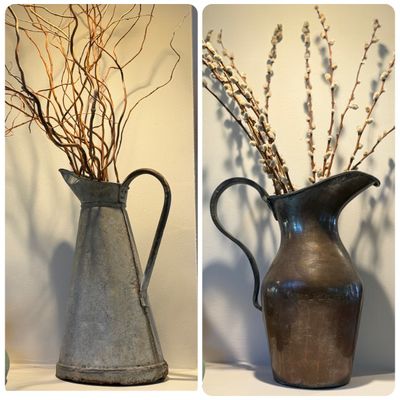 Pair of Large Rustic Metal Pitcher Vases, Aged Patina Finish, Farmhouse Decor