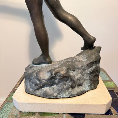 Classical Bronze-Finish Boy Sculpture on Stone Base