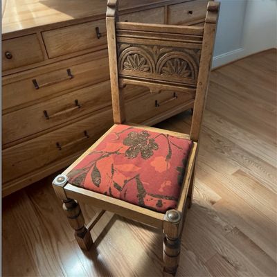 Carved Wooden Accent Chair w Upholstered Seat & Decorative Backrest