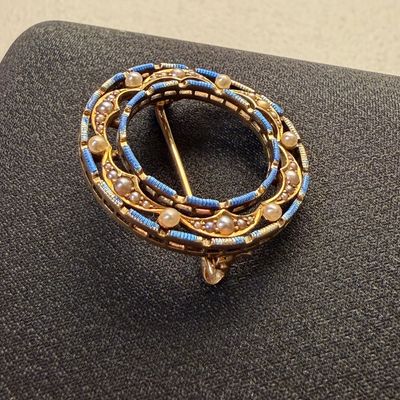 Krementz Antique Edwardian 14K Gold, Blue Enamel, Seed Pearl Brooch