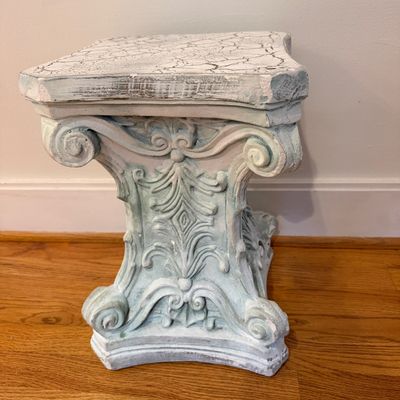 Lot of 2 Ornate Pedestal Plant Stands, Distressed Decorative Scrollwork