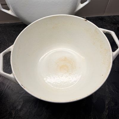 Vintage White Enamelware Covered Casserole Dish w Lid - Copco Denmark