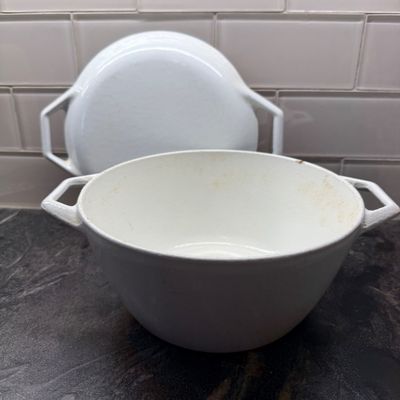 Vintage White Enamelware Covered Casserole Dish w Lid - Copco Denmark