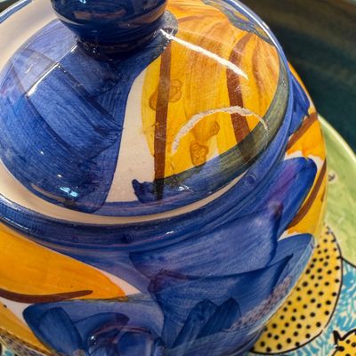 Collection of Colorful Decorative Ceramic Pottery, Serving Plates, Bowls, Teapot, and Mugs
