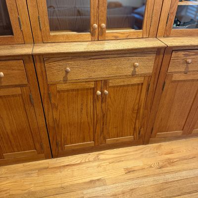 1 of 3 Oak Wood Hutch Cabinet w Glass-Front Display Storage Cupboard