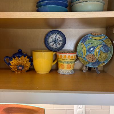 Collection of Colorful Decorative Ceramic Pottery, Serving Plates, Bowls, Teapot, and Mugs